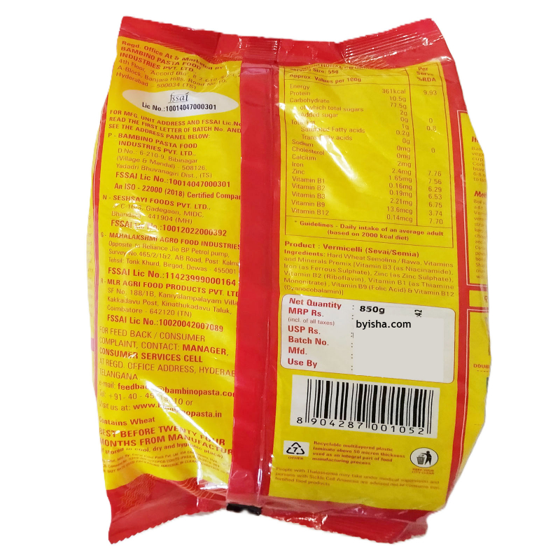 Bambino Nutraawell Vermicelli 850g Enrichi en Nutriments Renforçant l Immunité Sain et Savoureux