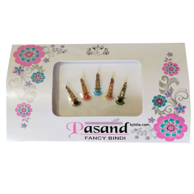Bindis Fantaisie Pasand, en forme de cône avec des reflets dorés , Couleurs variées et accents de pi
