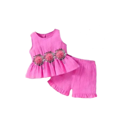 Ensemble rose élégant pour filles avec ornements floraux et design chic à basque , Tenue deux pièces