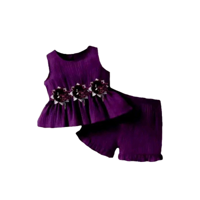 Ensemble violet élégant pour filles avec ornements floraux et design chic à basque , Tenue deux pièc