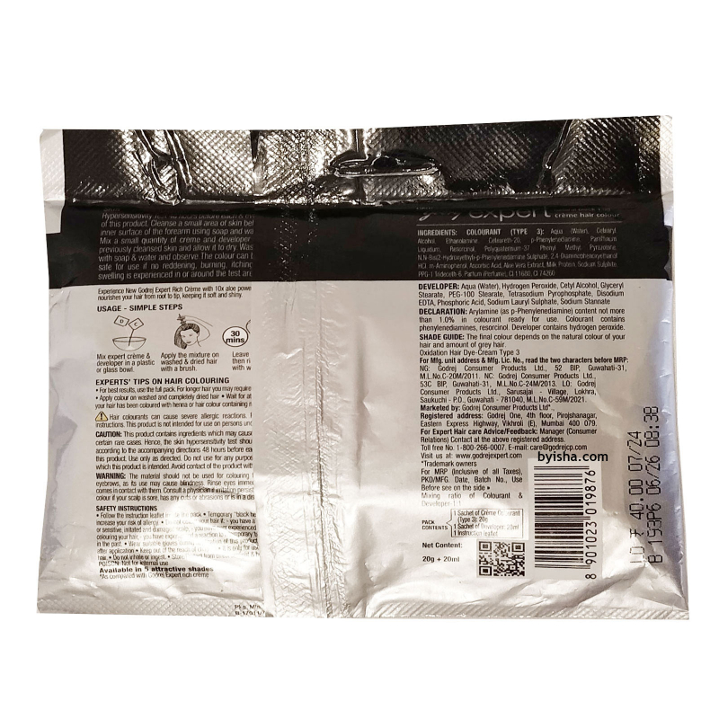Godrej Expert Rich Crème Noir Naturel Coloration Cheveux 20g Couverture Lisse Formule Sans Ammoniaq