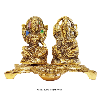 Idole Lakshmi et Ganesha avec Diya , Hauteur , 10 cm, Largeur , 10 cm , Fini Métal Exquis , Parfait 