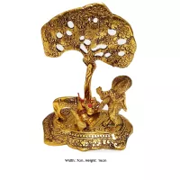 Krishna avec Vache Debout Sous l Arbre Jouant de la Flûte Idole en Métal Hauteur 16 cm Largeur 7 c