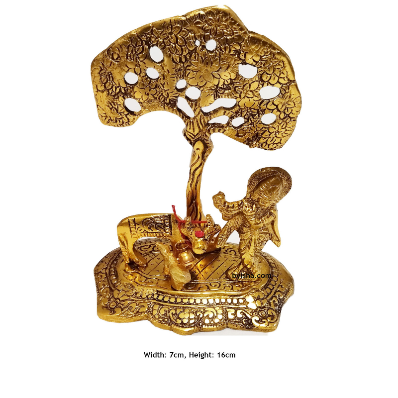 Krishna avec Vache Debout Sous l Arbre Jouant de la Flûte Idole en Métal Hauteur 16 cm Largeur 7 c