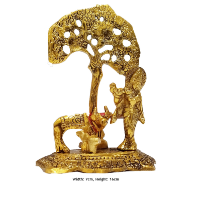 Krishna avec Vache Debout Sous l,Arbre Jouant de la Flûte Idole en Métal , Hauteur , 16 cm, Largeur 