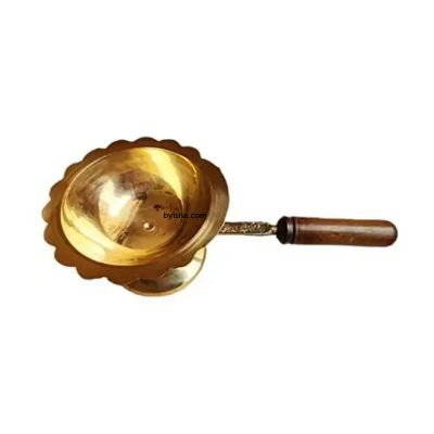 Louche de Prière en Laiton avec Manche en Bois, Karpuram, Arati, arti , Cuillère Traditionnelle pour