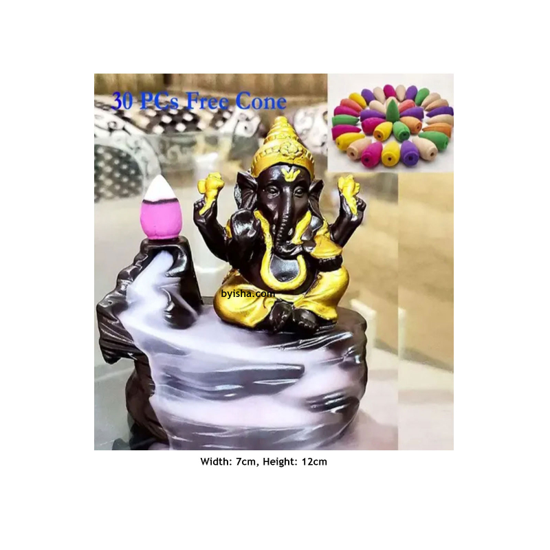 Smoke Ganesha Dekorative Ganesha-Statue aus Harz mit 30 kostenlosen Räucherkegeln Höhe 12 cm Breit