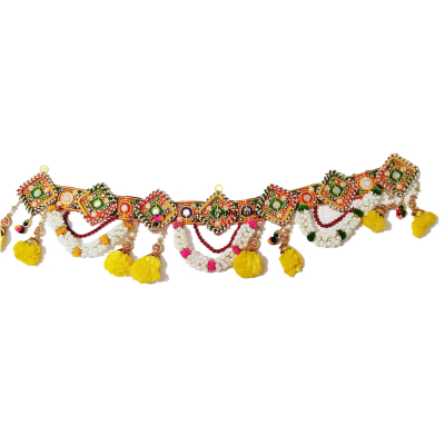 Toran élégant avec fleurs blanches et perles , Accents de souci jaune , Nœuds colorés en jaune, rose